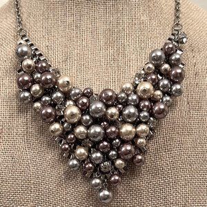 Loft Pearl Bib Necklace Shades of Ivory, Grey & Deep Rose Pearls w Rhinestones